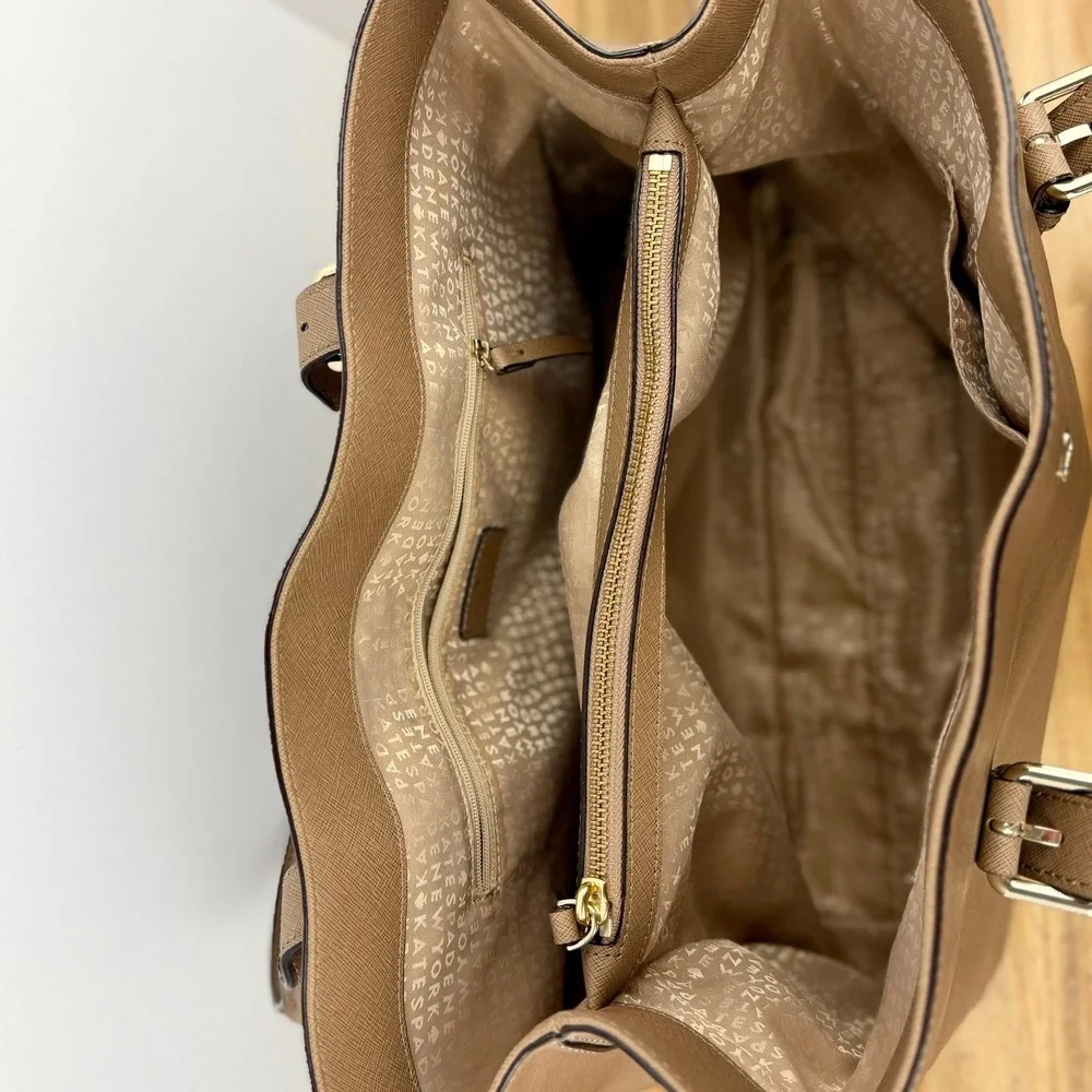 Kate Spade New York Saffiano Leather Tote Bag Taupe Tan Gold Hardware